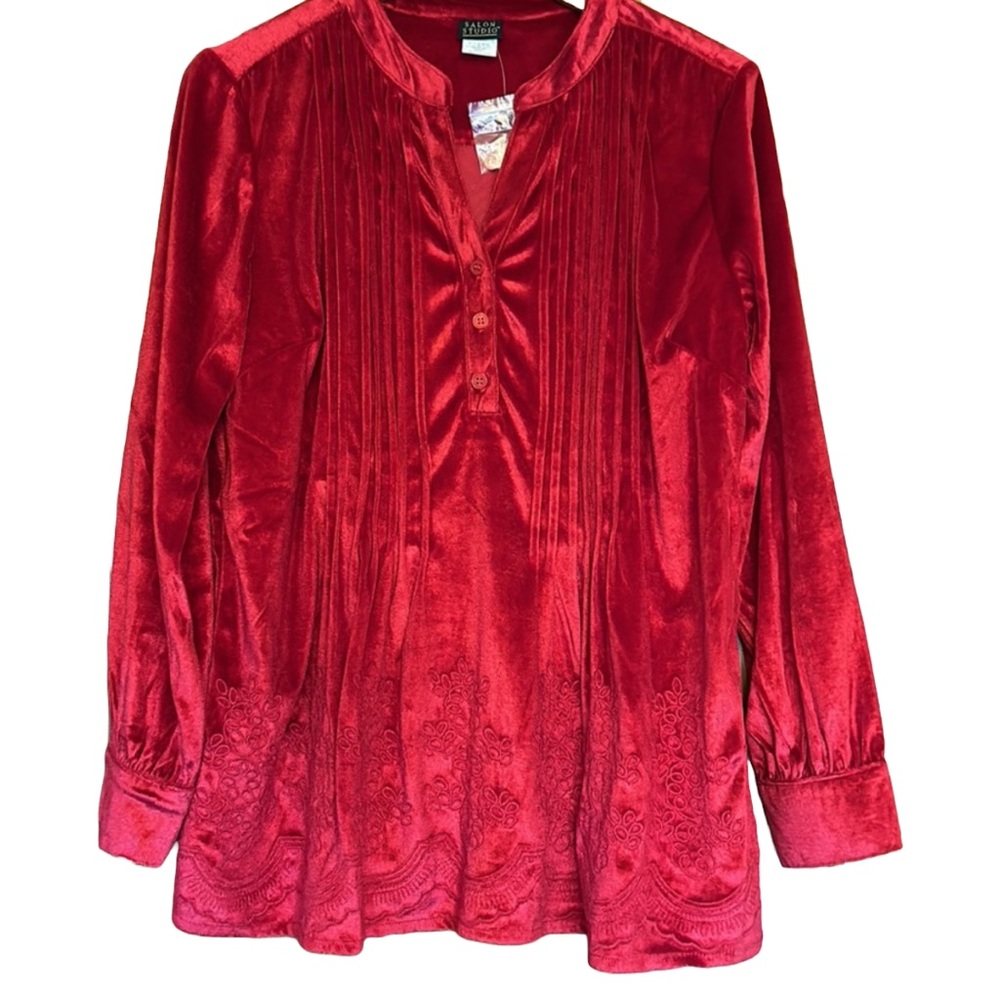 Salon Studio Red Velvet Pleated Embroidered Henley Blouse Tunic Top …